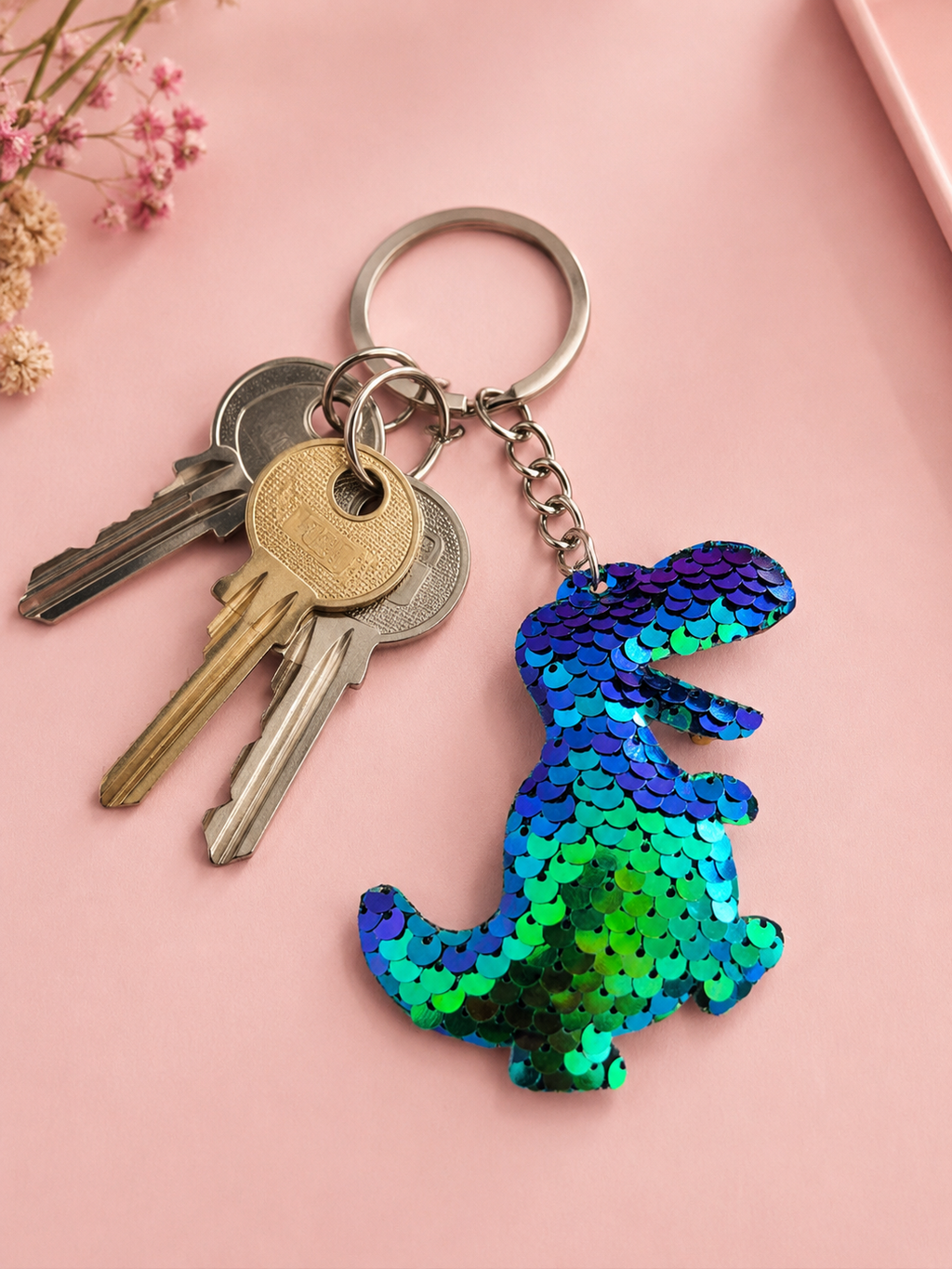 Porte clef sequin dinosaure
