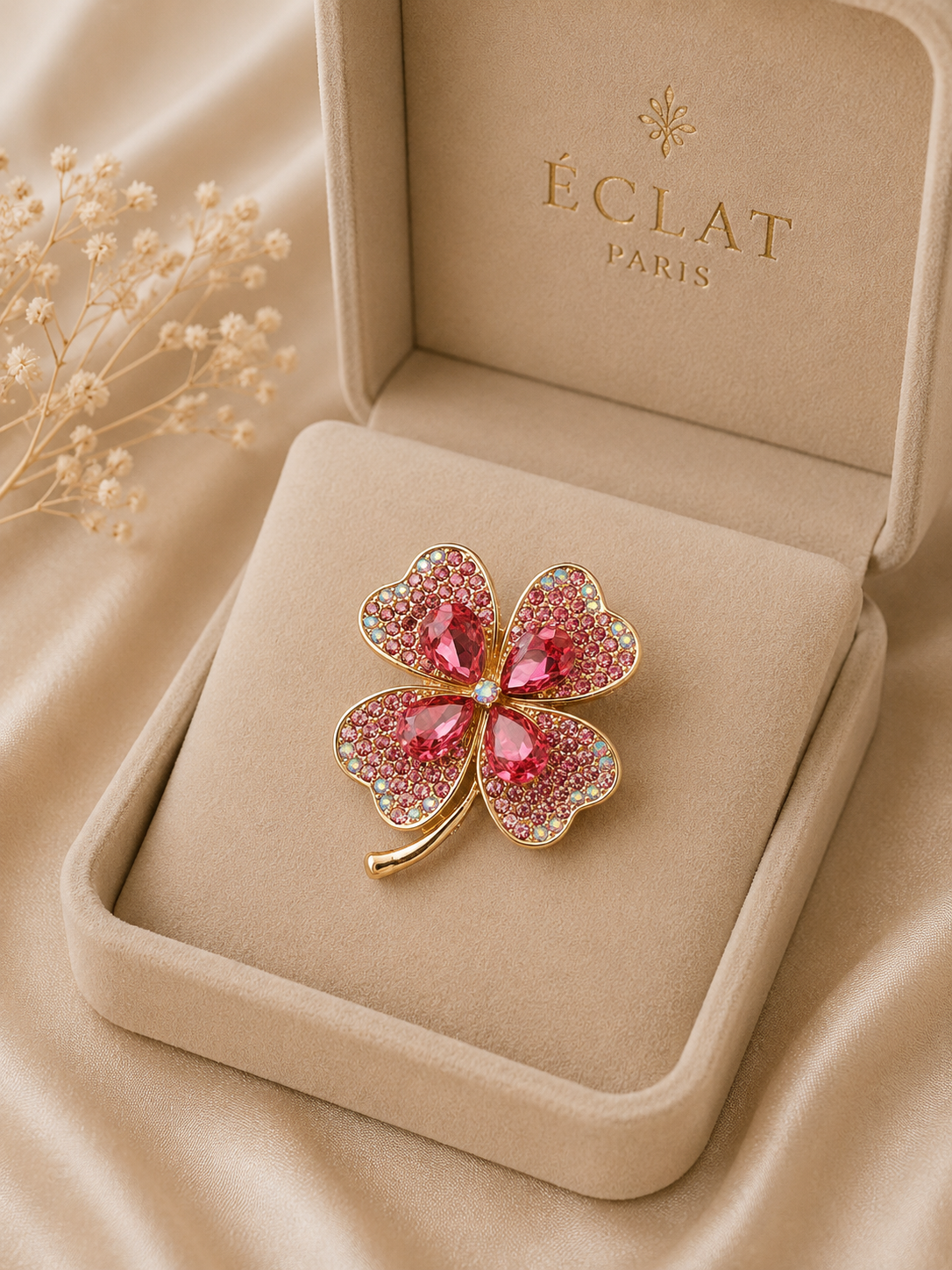 Broche trefle strass rose