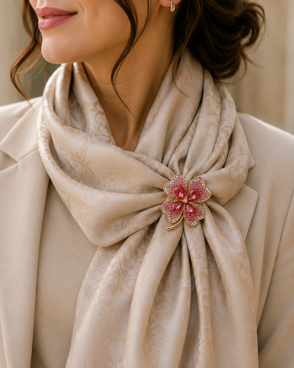Broche trefle strass rose