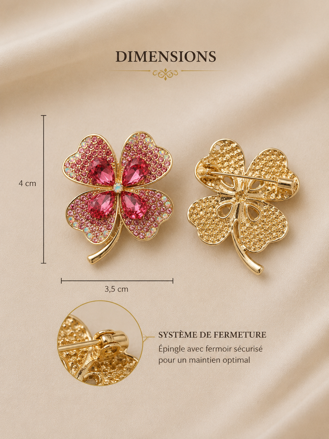 Broche trefle strass rose