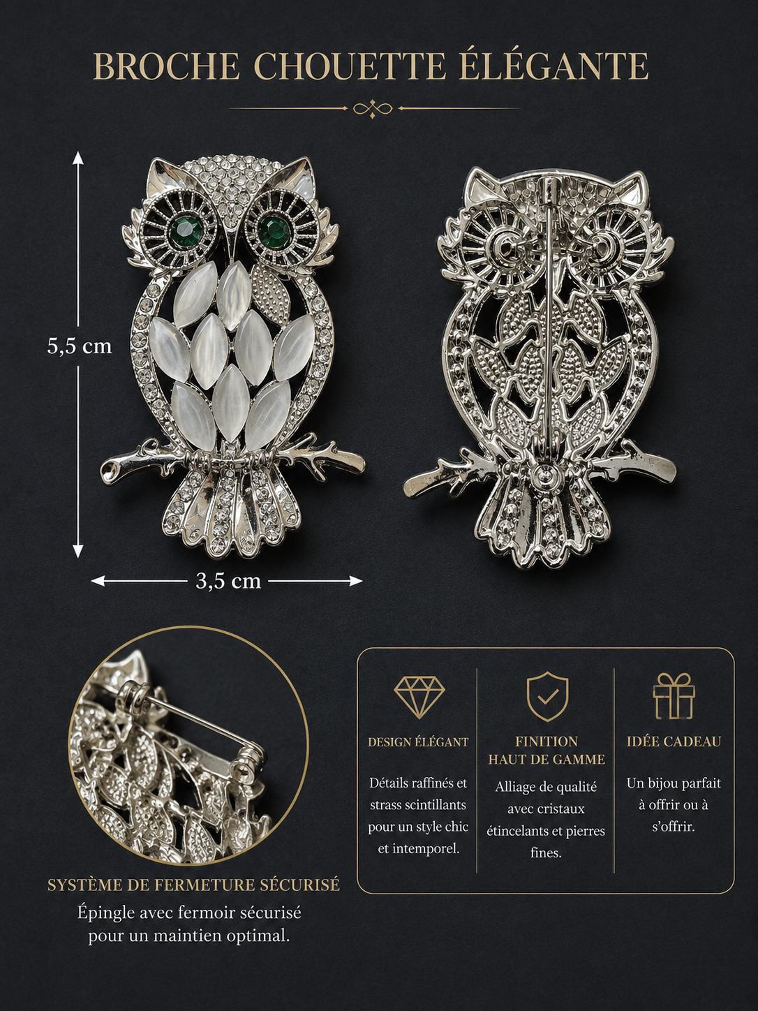 Broche hiboux argent strass